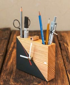 Wooden Clock Pen Holder