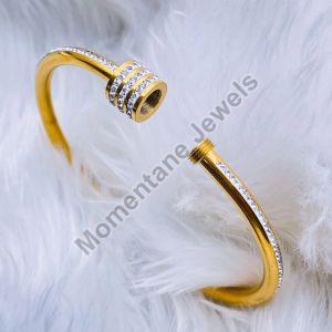 Studded Lock Cubic Zirconia 18K Gold Stainless Steel Openable Kada Bangle For Women