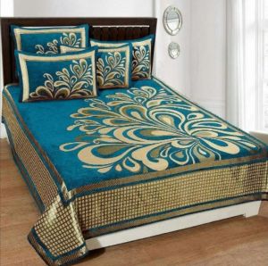 Double Blue Printed Velvet Jumbo Size Double Bed Sheet