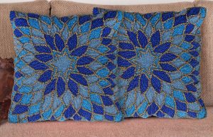 Handmade Blue Floral Toss Beaded Embroidery Cushion Cover
