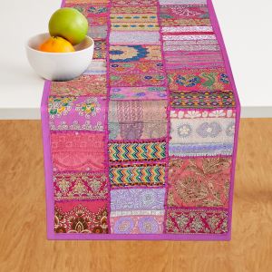 Handmade Vintage Pink Saree Patchwork Table Runner