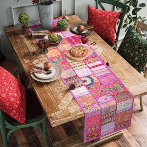 Handmade Vintage Pink Saree Patchwork Table Runner