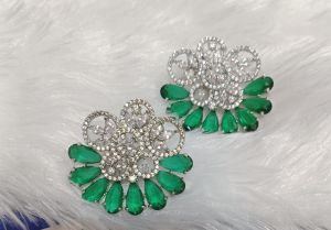 Green & Silver Brass Crystal Stone Earrings