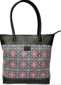 Ladies Leather Handle Jute Canvas Handbag