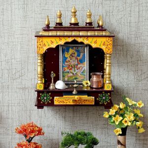 Maroon & Yellow Printed Wooden Temple