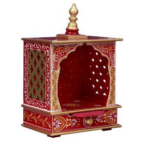 Red & Golden Hand Carved Printed Wooden Temple