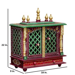 Maroon & Green Printed Wooden Temple with Door