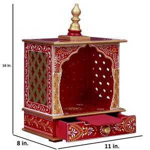 Red & Golden Hand Carved Printed Wooden Temple