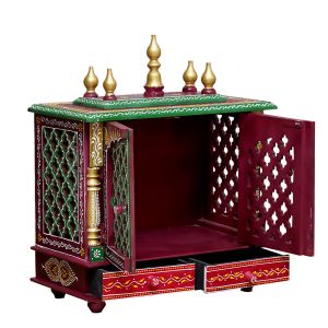 Maroon & Green Printed Wooden Temple with Door