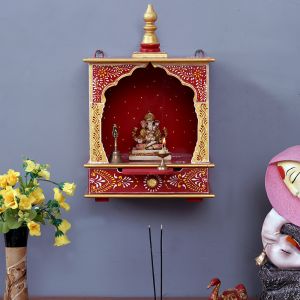 Red & Golden Hand Carved Printed Wooden Temple