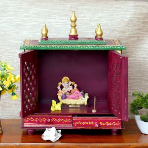 Maroon & Green Printed Wooden Temple with Door