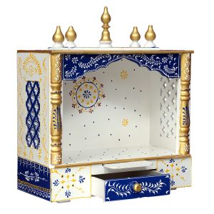 White & Blue Hand Carved Printed Wooden Temple