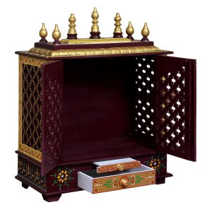 Maroon & Golden Printed Wooden Temple with Door