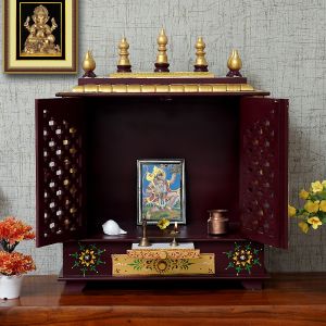 Maroon & Golden Printed Wooden Temple with Door