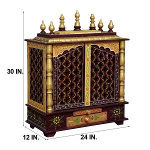 Maroon & Golden Printed Wooden Temple with Door