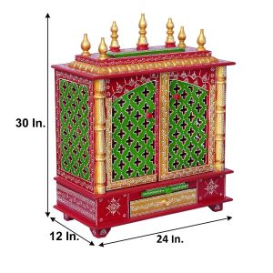 Red & Green Printed Wooden Temple with Door
