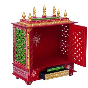 Red & Green Printed Wooden Temple with Door