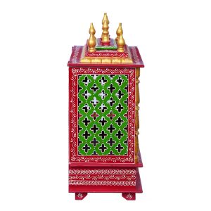 Red & Green Printed Wooden Temple with Door