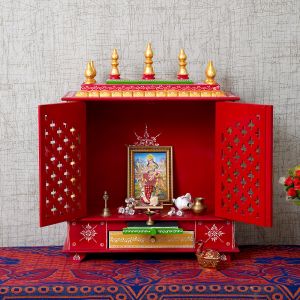 Red & Green Printed Wooden Temple with Door