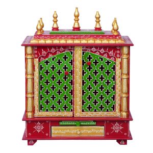 Red & Green Printed Wooden Temple with Door