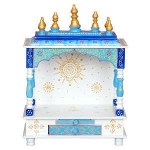 White & Sky Blue Blue Hand Printed Wooden Temple