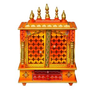 Yellow & Orange Printed Wooden Temple with Door