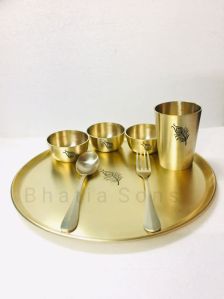 brass thali set with feather design