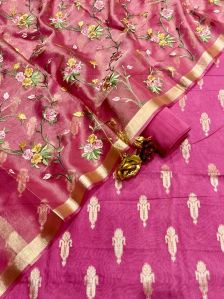 Banarasi chanderi buta suit with orgenza embroidery work dupatta & plain bottom