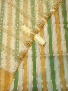 Banarasi chanderi stripe suit with orgenza dupatta & plain bottom