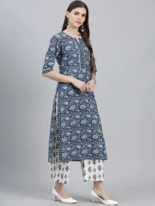 Ladies Blue Floral Print Kurta Set