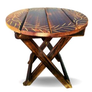 Foldable Small Round Wooden Stool HandCarved End Table