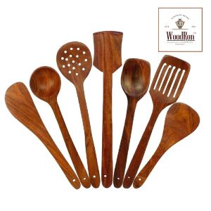 Spoons for Cooking Non-Stick, Natural Sheesham Wood Ladles & Turning Spatulas Set of 7
