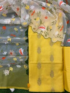 banarasi pure mercerised silk dyeable embroidery suits