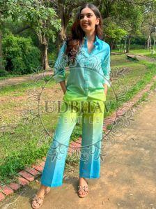 Ladies Blue and Green Lycra Cotton Co-Ord Set