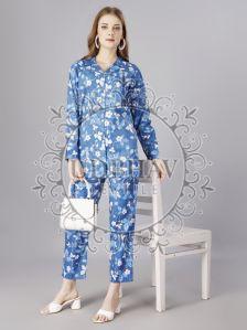 Ladies Blue Printed Cotton Blend Co-Ord Set