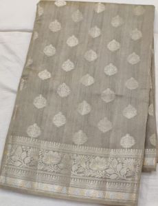 Grey Printed Matka Silk Saree