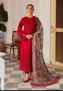 Red Semi Stitched Pakistani Suit