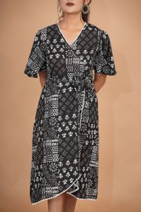 Ladies Black Cotton Printed Wrap Dress