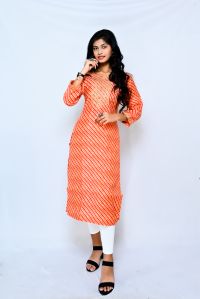 Straight Orange Rayon Printed Kurti