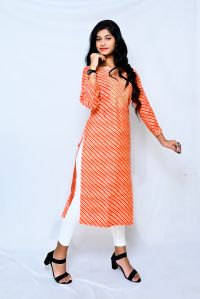 Straight Orange Rayon Printed Kurti