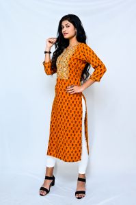 Yellow Embroidered Printed Ladies Kurti