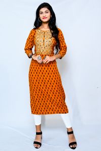 Yellow Embroidered Printed Ladies Kurti