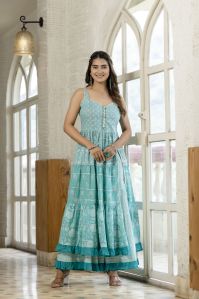 Graphic Print Rayon Blend Stitched Anarkali Gown (Light Green)