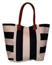 BEACH Canvas Wide Stripe Pom Pom Tote Bag