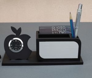 WD 01 Desktop Wooden Pen Holder With Clock