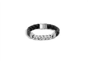 Rhodium Plated Mens Curb Leather ID Bracelet