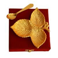 German Silver Gold Plated Three Leaf Serving Plate