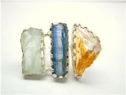 AQUAMARINE CITRINE AND BLUE KYANITE ROUGH RING