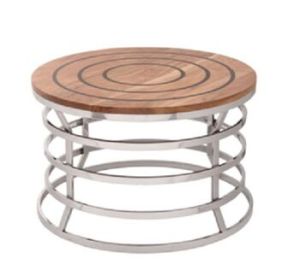 Black Strip Wooden Round Top Stainless Steel Coffee Table