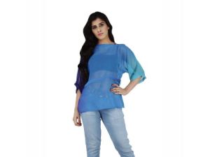 Georgette Tie-Dye Cord Fitted Blouson Blue Top